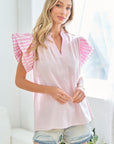 First Love Full Size Striped Flutter Sleeve Blouse