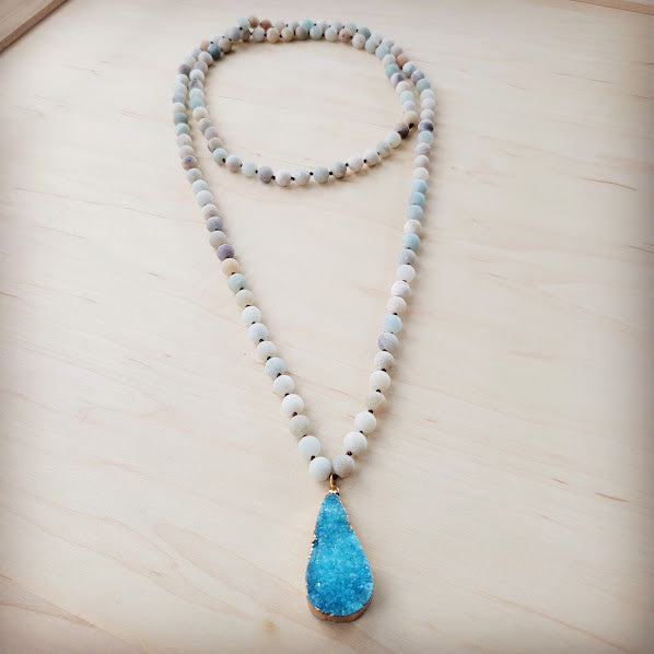 Frosted Amazonite Long Beaded Necklace with Agate Pendant