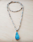Frosted Amazonite Long Beaded Necklace with Agate Pendant