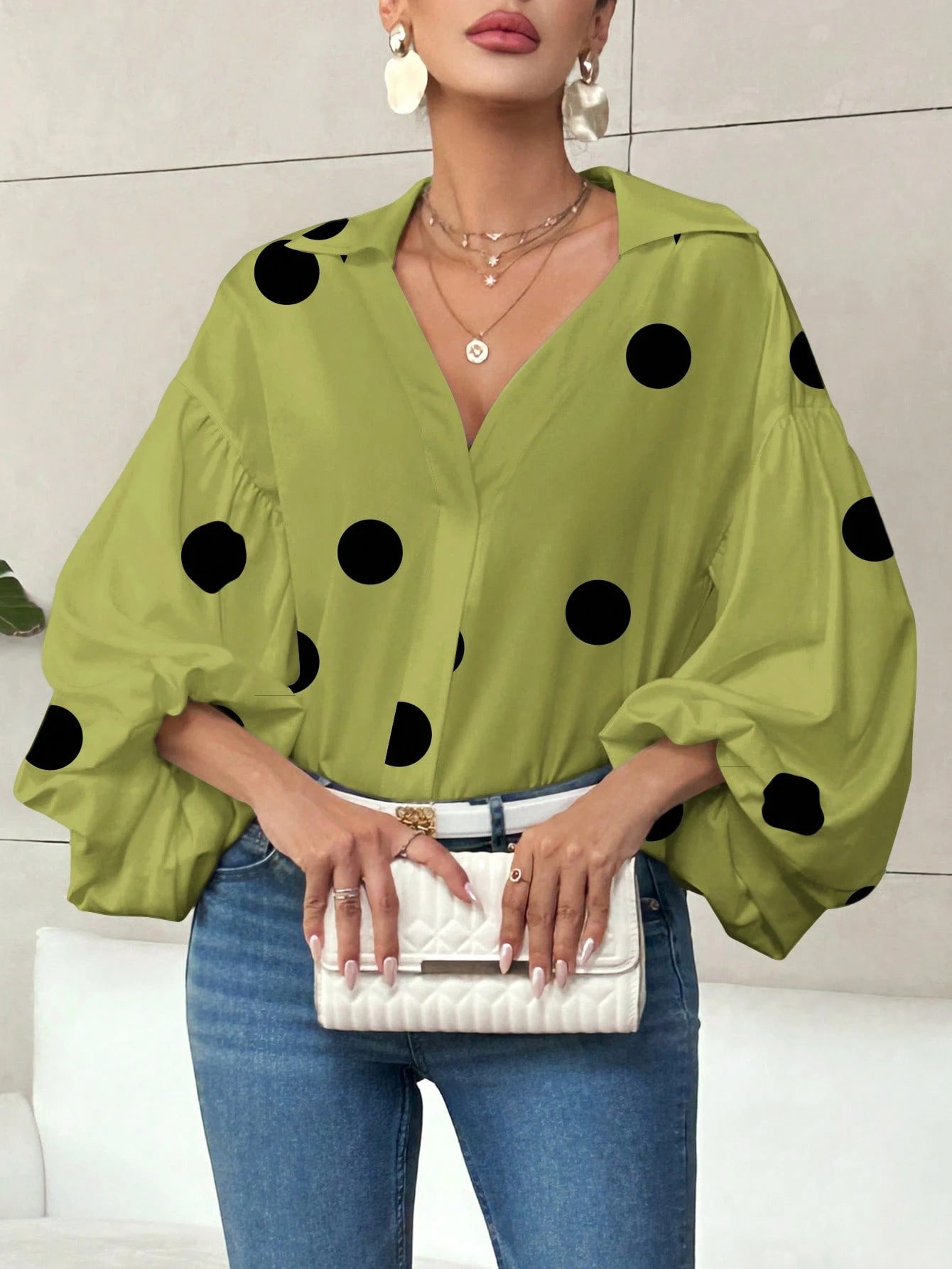 Polka Dot Bubble Sleeve Blouse