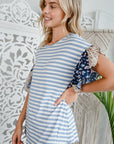 e Luna Striped Woven Floral Ruffle Top