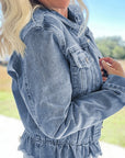 Beau Blue Ruffle Raw Hem Flap Pockets Denim Jacket