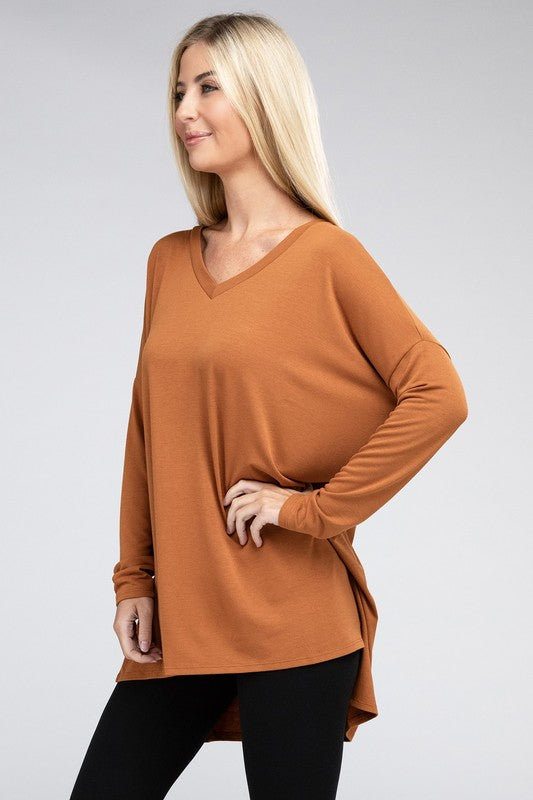 Zenana Dolman Long Sleeve V-Neck Side Slit Hi-Low Hem Top