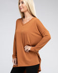 Zenana Dolman Long Sleeve V-Neck Side Slit Hi-Low Hem Top