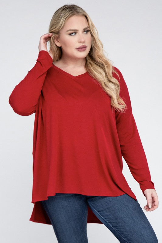 Zenana Plus Dolman Sleeve V-Neck Side Slit Hi-Low Hem Top