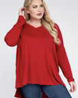 Zenana Plus Dolman Sleeve V-Neck Side Slit Hi-Low Hem Top