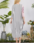 Celeste Full Size Floral Striped Contrast Midi-Dress with Pockets