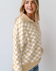 Checkered Buttons V Neck Drop Shoulder Sweater