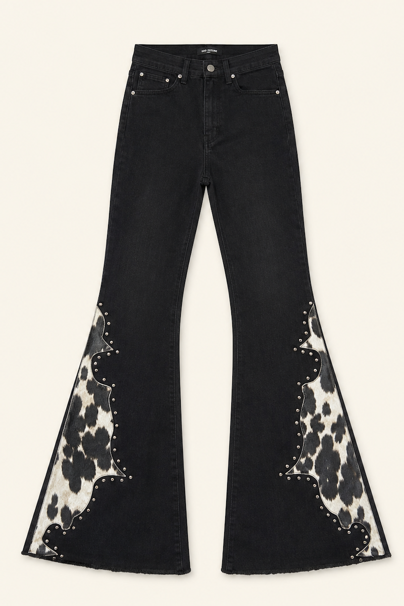 GJG Denim Rockstar Rouge Studded Cow Print Flare Jeans
