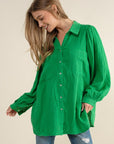 Textured Gauze Button Down Puff Sleeve Blouse