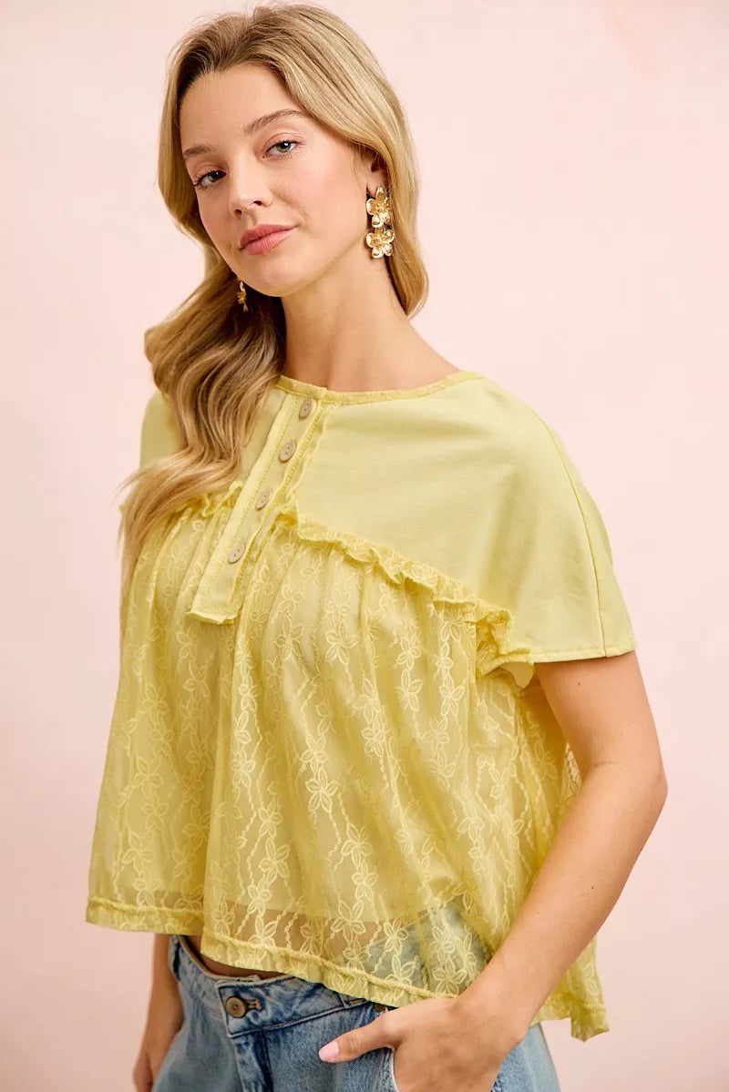 BiBi Solid Jersey With Lace Combo Ruffled Buttoned Top