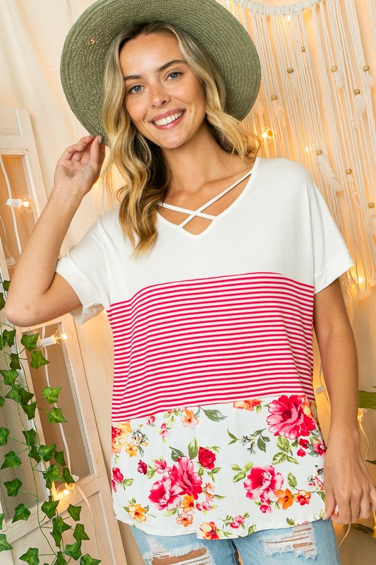 e Luna Solid Striped Floral Jersey Top