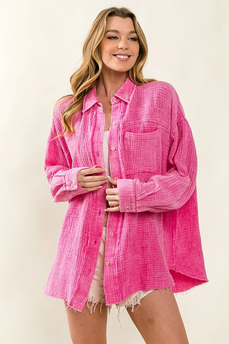 BiBi Raw Edge Detailed Mineral Washed Loose Fit Shirt in Fuchsia