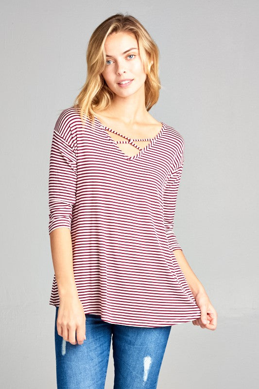 e Luna Striped Jersey Lace Up Neck Casual Top