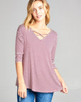 e Luna Striped Jersey Lace Up Neck Casual Top