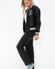 Love Me Now PU Leather Contrast Snap Down Bomber Jacket