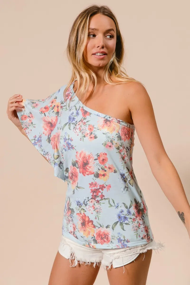 BiBi Floral Printed Jersey Knit Ruffle Sleeve Top