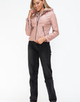 Snobbish Faux Leather Zip Up Drawstring Hooded Jacket