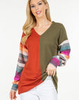 Celeste Full Size Contrast Striped V-Neck Long Sleeve Blouse