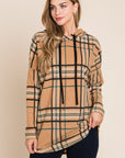 BOMBOM Drawstring Plaid Long Sleeve Hoodie