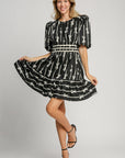 Umgee Ribbon Print Frill Contrast Velvet Trim Half Sleeve Dress