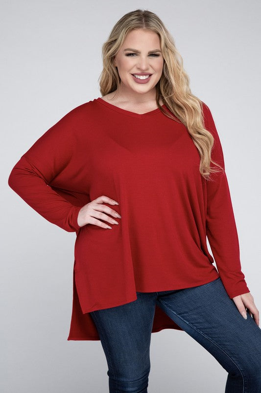 Zenana Plus Dolman Sleeve V-Neck Side Slit Hi-Low Hem Top