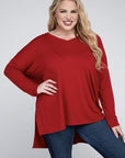 Zenana Plus Dolman Sleeve V-Neck Side Slit Hi-Low Hem Top