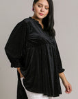 Umgee Full Size Beaded Frill Flounce Sleeve Velvet Babydoll Blouse