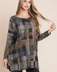 BOMBOM Plaid Round Neck Long Sleeve Top