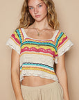 POL Openwork Ethnic Pattern Square Neck Cropped Knit Top