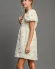 Umgee Heart Jacquard Square Neck Puff Sleeve Mini Dress