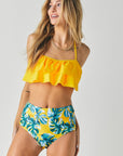 Davi & Dani Solid Ruffle Top And Printed Bottom Swimsuit