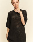 Davi & Dani Side Slit Openwork Round Neck Half Sleeve Knit Cover Up