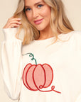 Haptics Full Size Embroidery Pumpkin Long Sleeve Knit Top