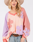 SAGE + FIG Full Size Daisy Applique Patch Color Block Long Sleeve Top