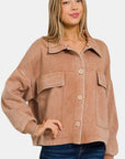 Zenana Wash Fleece Front Pocket Button Up Shacket