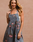 BiBi Flower Printed Wide Strap Denim Overalls