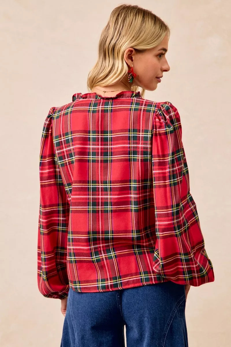 BiBi Christmas Plaid Balloon Sleeves Ruffled V-Neck Top