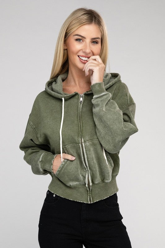 ZENANA Acid Wash Fleece Cropped Zip-Up Hoodie