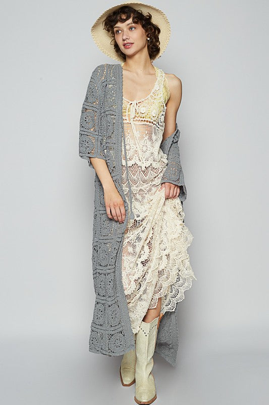 POL Tied Crochet 3/4 Sleeve Longline Cardigan