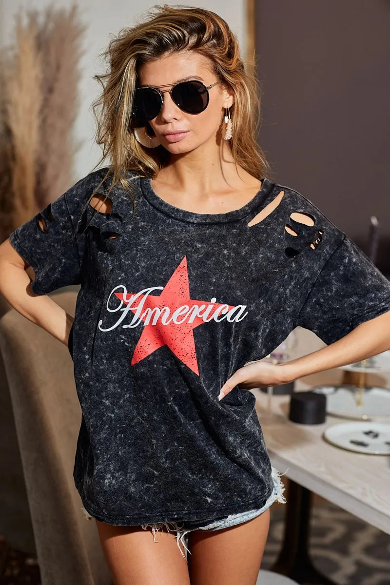 BiBi Laser Cut Mineral Washed Jersey Top with  America in Black