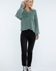 ZENANA Washed Collared Henley Sweater