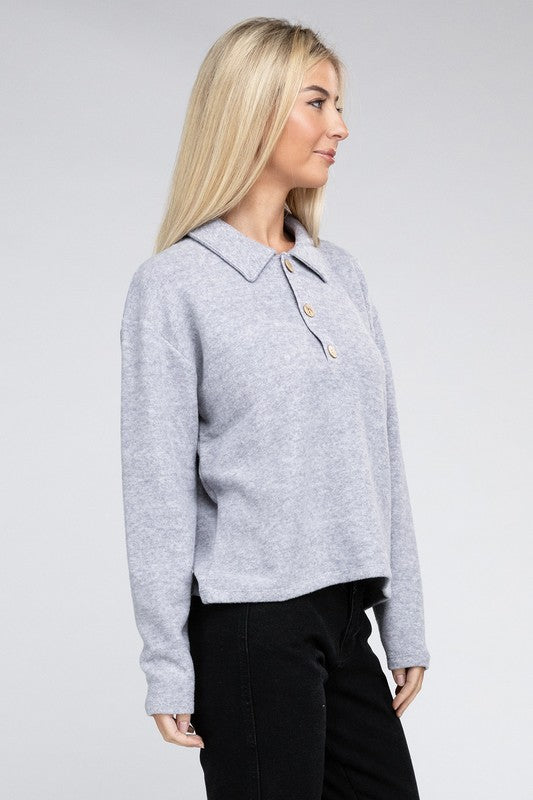 Zenana Brushed Melange Hacci Collared Sweater