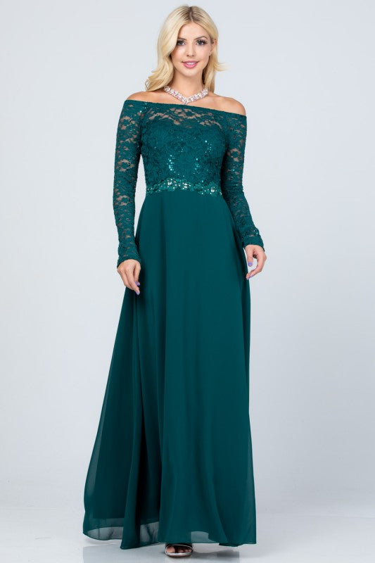 La Scala Plus Size Long Sleeve Lace and Chiffon Gown