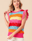 BiBi Pointelle Striped Ruffled Knit Top