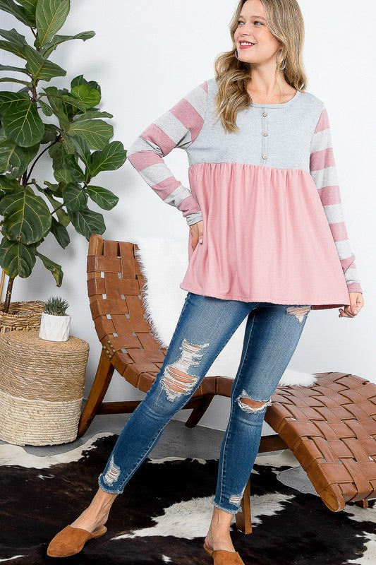 e Luna PLUS Striped Solid Mix Babydoll Top