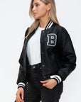 Love Me Now PU Leather Contrast Snap Down Bomber Jacket