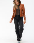 Snobbish Faux Leather Zip Up Drawstring Hooded Jacket