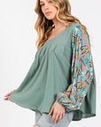 SAGE + FIG Ruched Round Neck Printed Bubble Sleeve Top