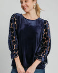 Umgee Polka Dot Lace Long Sleeve Round Neck Blouse